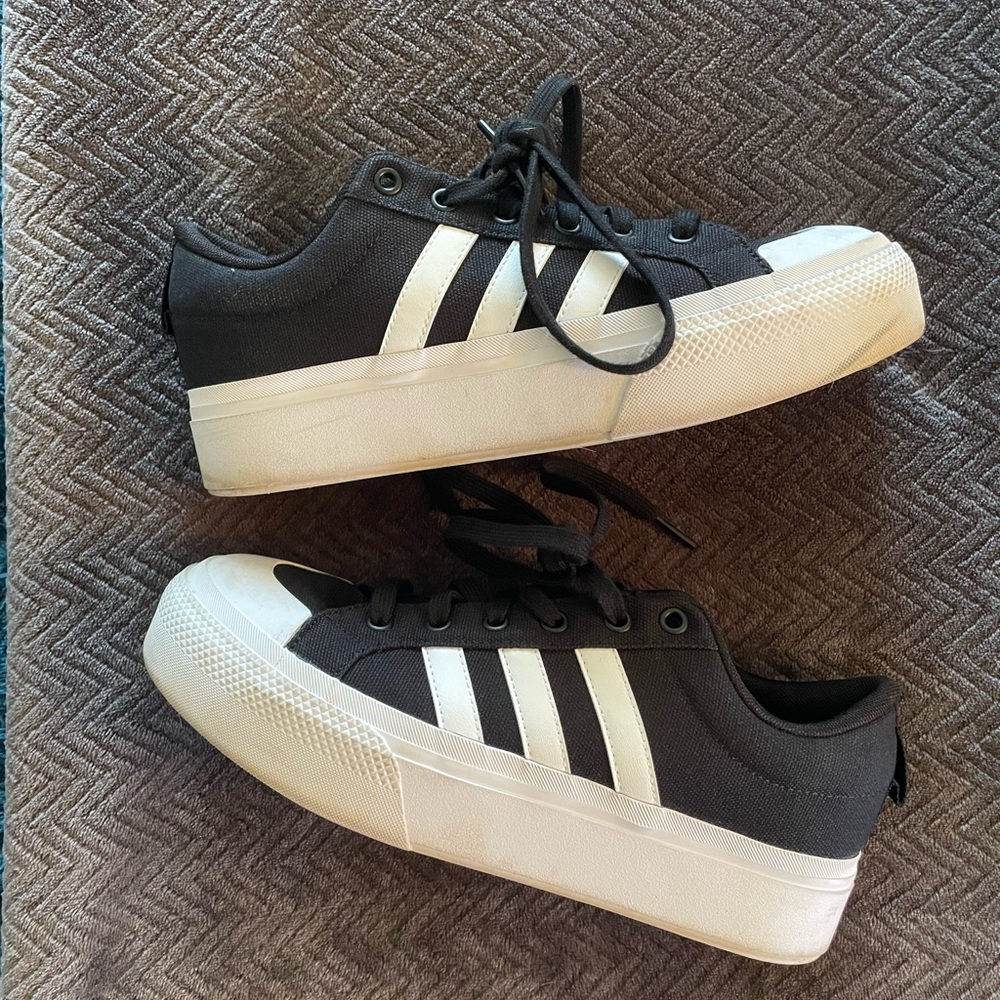 Women’s Adidas Black Canvas Sneakers with White Stripes